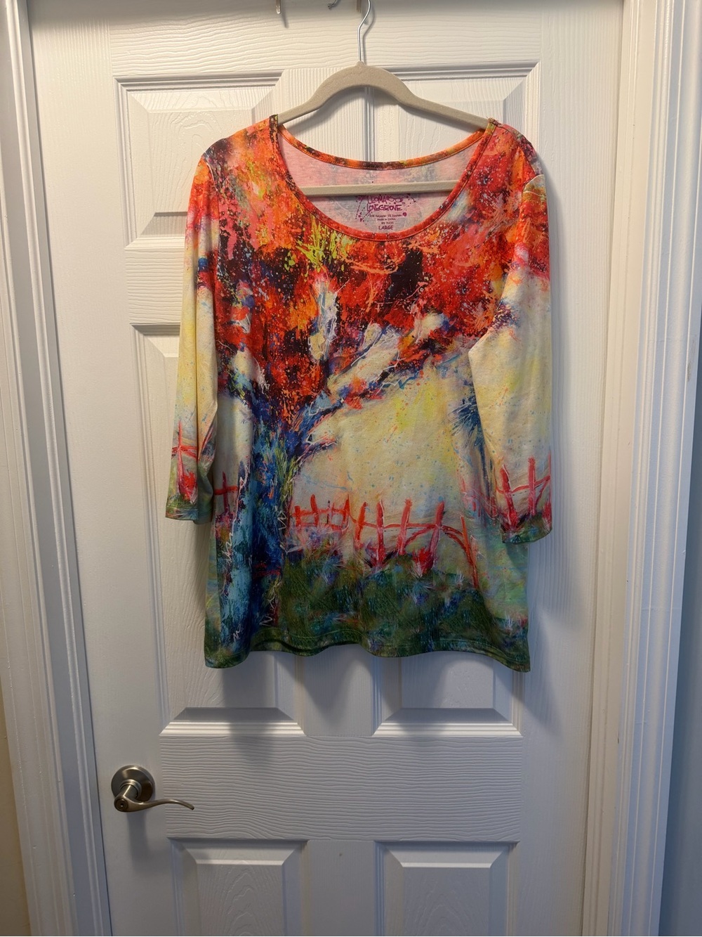 Leoma Lovegrove Abstract Tree-Print Women's Scoop Neck Top - Vibrant Red & Blue